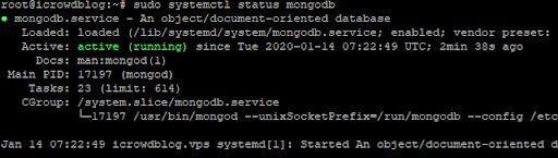 pengecekan status database dengan perintah sudo systemctl status mongodb