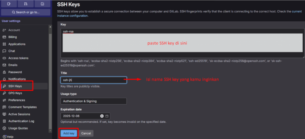 ssh keys di GitLab
