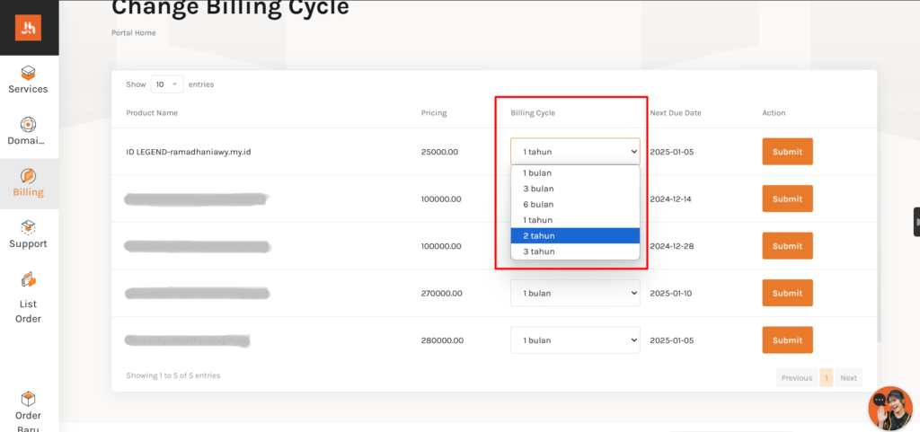 Member Area Ubah Billing Cycle