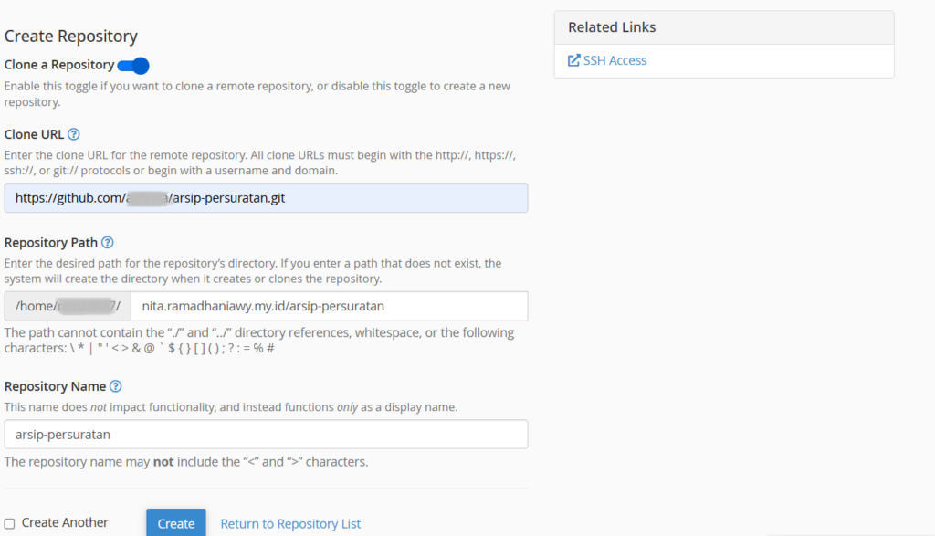 git version control di cPanel