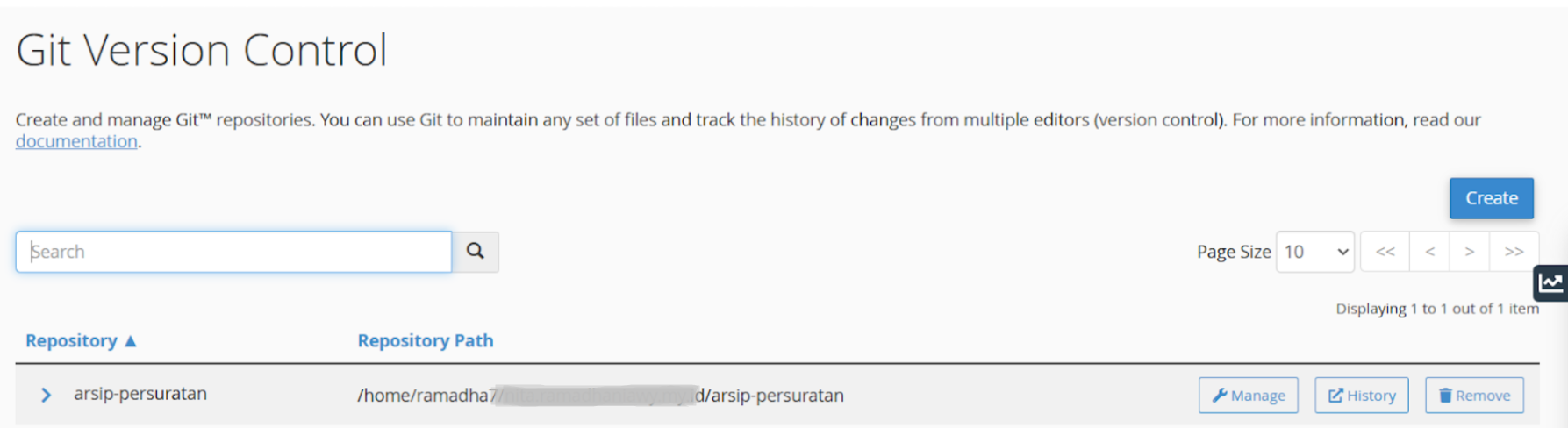 tabel clone projek di Git Version Control cPanel