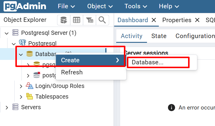 menu database di pgadmin