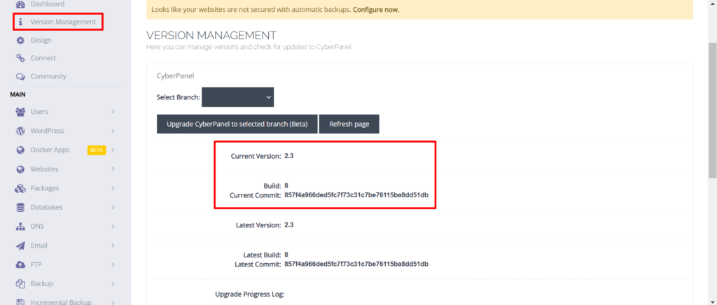 menu version management pada cyberpanel versi 2.3.8