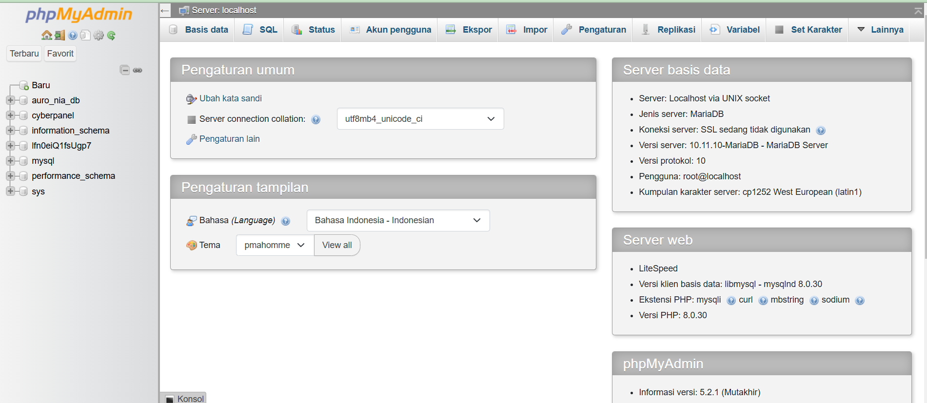 Halaman PhpMyAdmin