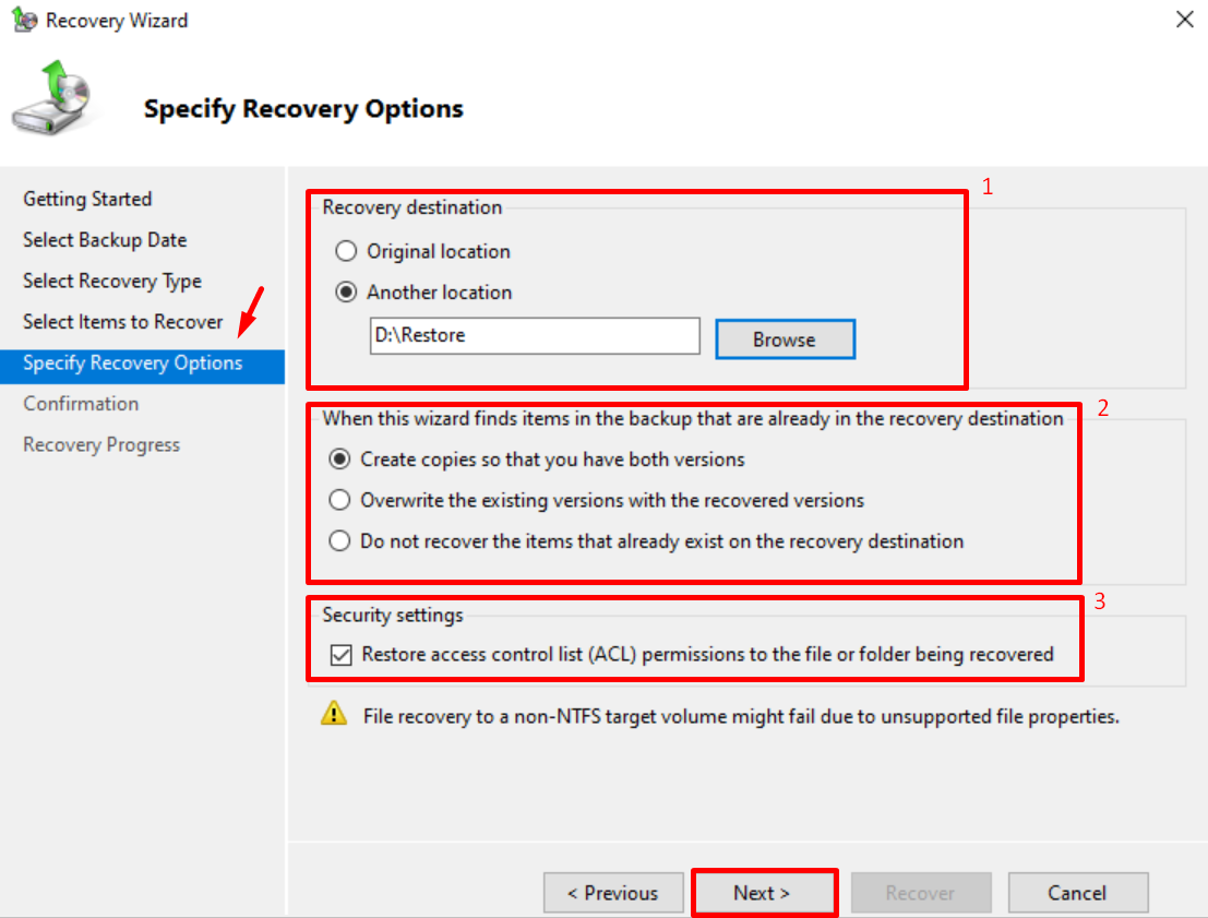 Select Specify Recovery Options