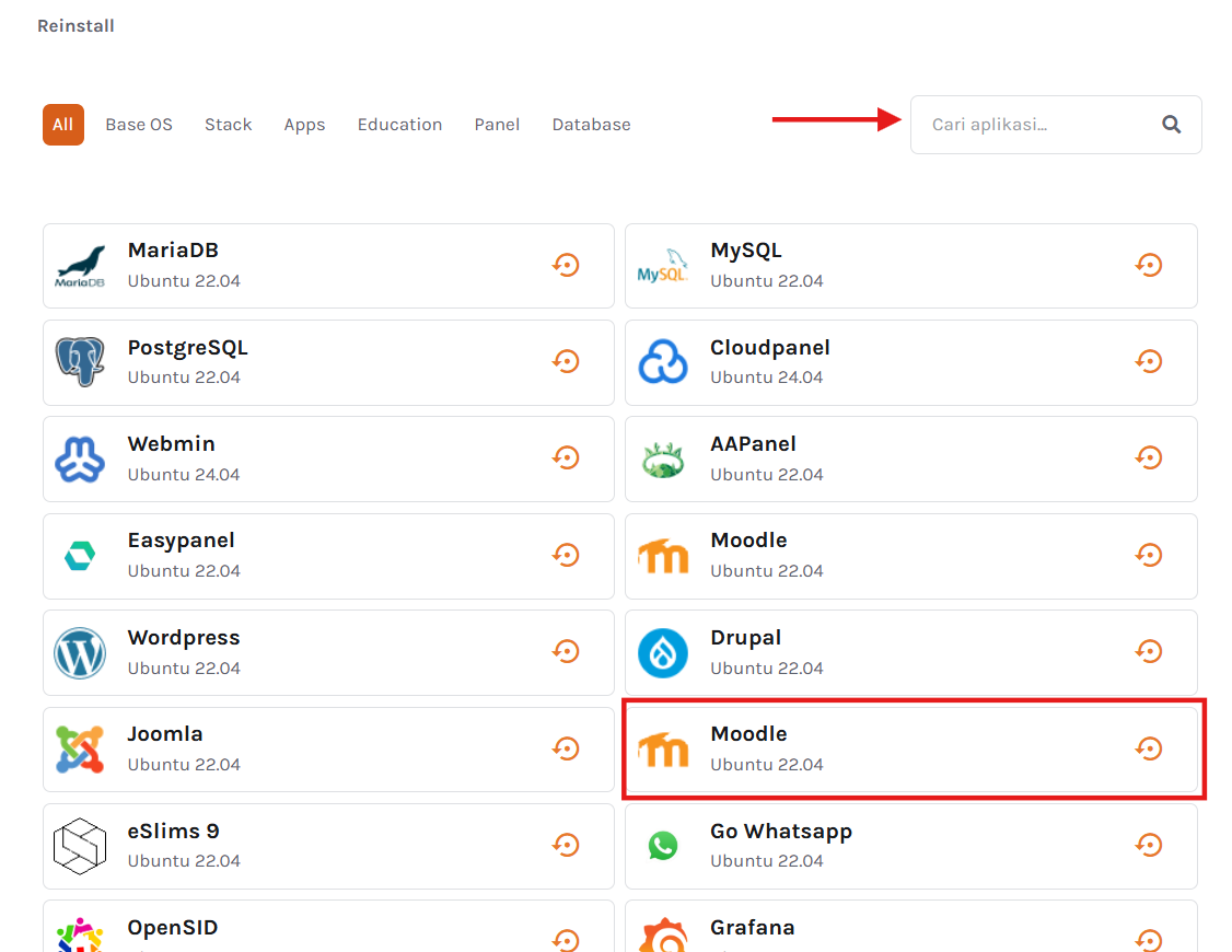 Daftar template aplikasi layanan VPS Nextgen