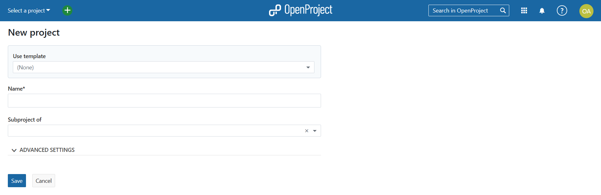 Form Proyek Baru OpenProject