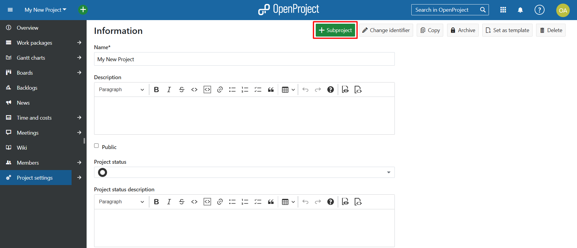 Membuat Subproject di OpenProject