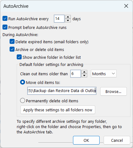 Setting Auto Backup di Outlook