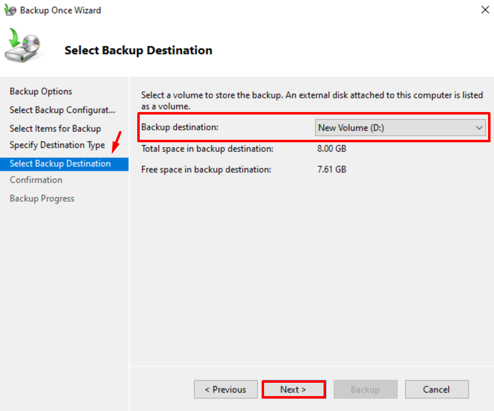 Bagian Select Backup Destination