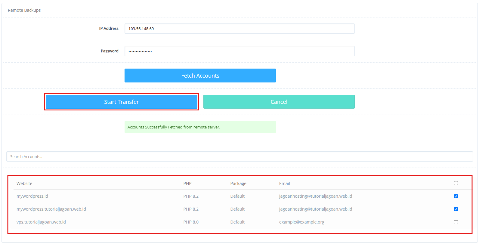 Pilih website yang akan dibackup