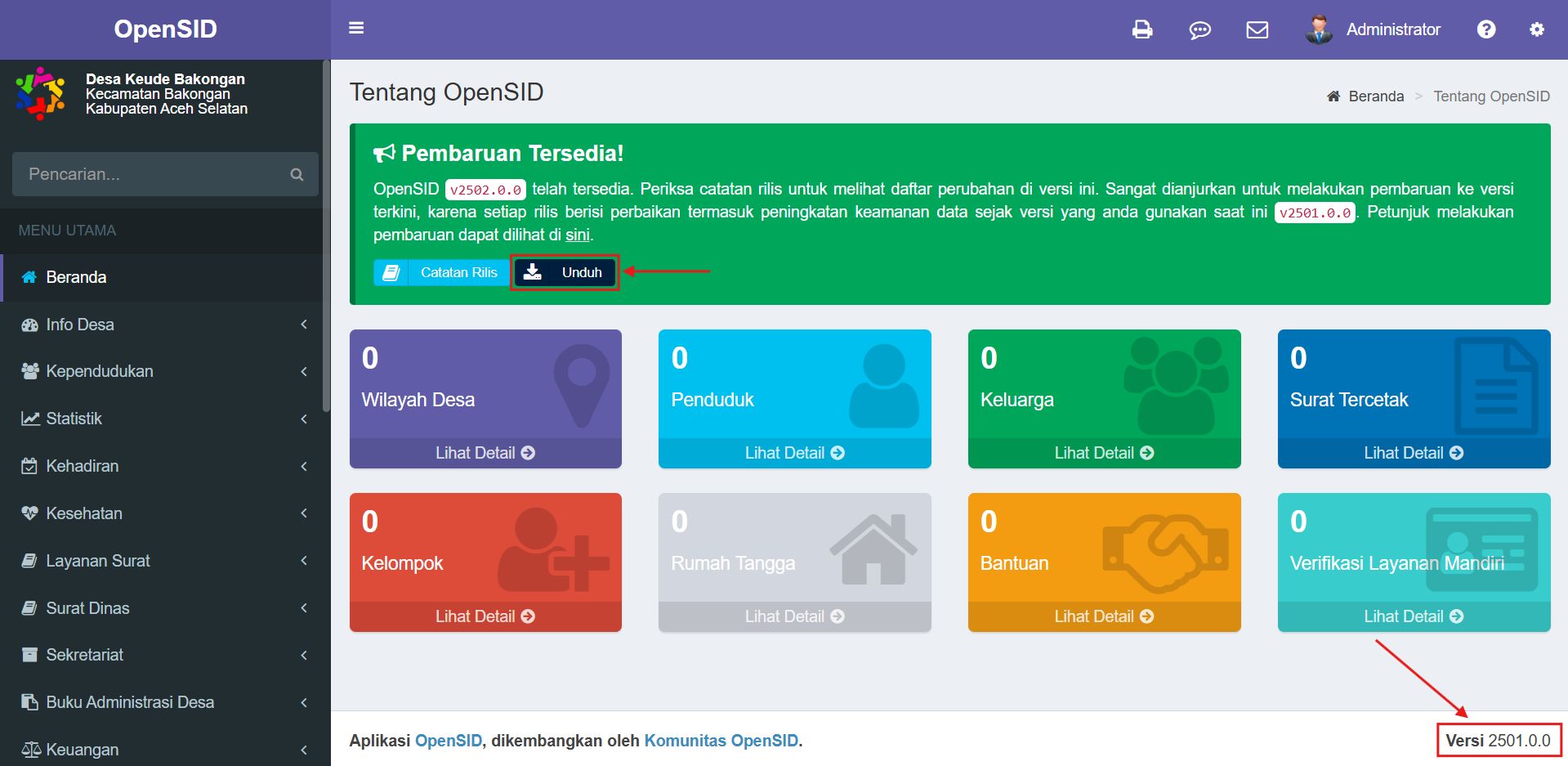 Notifikasi update OpenSID dan lihat versi saat ini